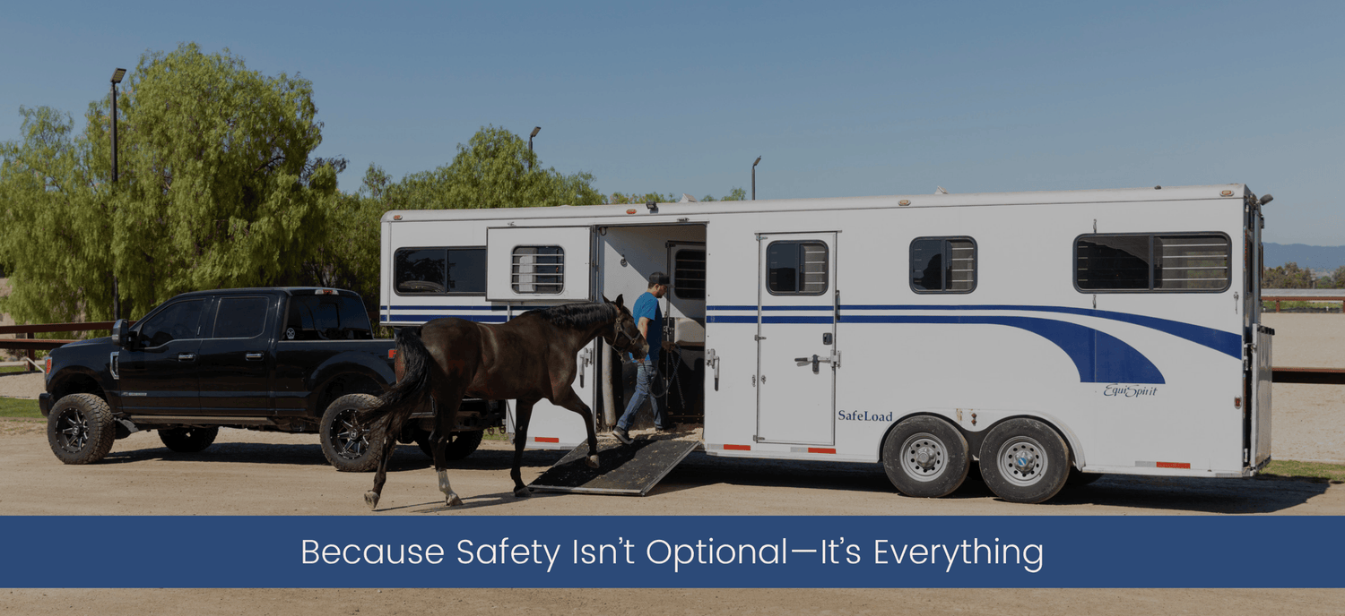 Horse being safely loaded into a white EquiSpirit trailer at Eagle Point Equestrian Center, emphasizing premium care and transport safety.